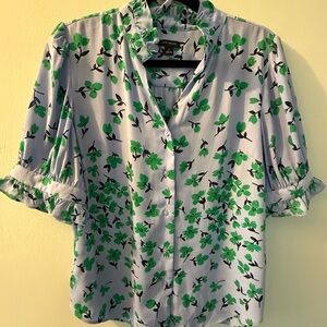 Ann Taylor Periwinkle Button-Front Blouse with Green Floral Pattern